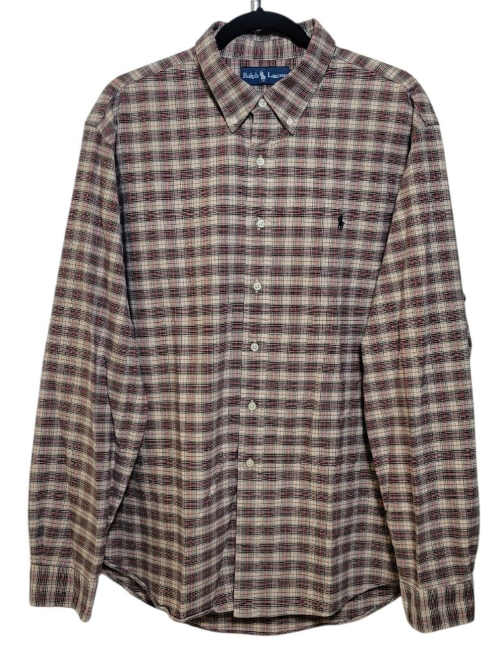 Ralph Lauren Mens Plaid Button Down Shirt Tan Long Sleeve Green Pony XXL Preppy